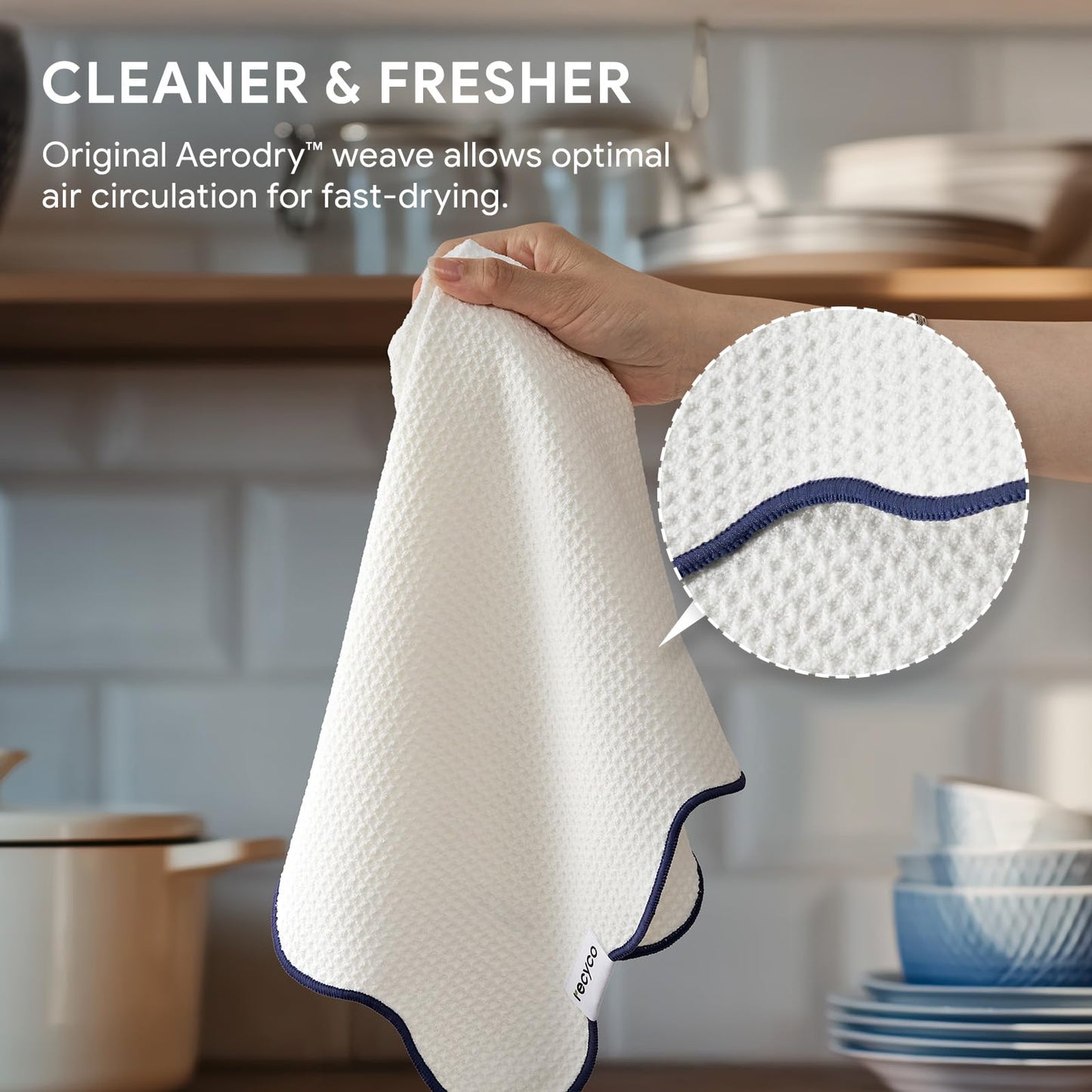 RECYCO Waffle Kitchen Towel Set of 2 - Quick Dry Microfiber Sustainable Dish Towels - Ultra Absorbent Reusable Cleaning Tea Towels - Lightweight Hand Towels,16”x 28”, Navy Blue