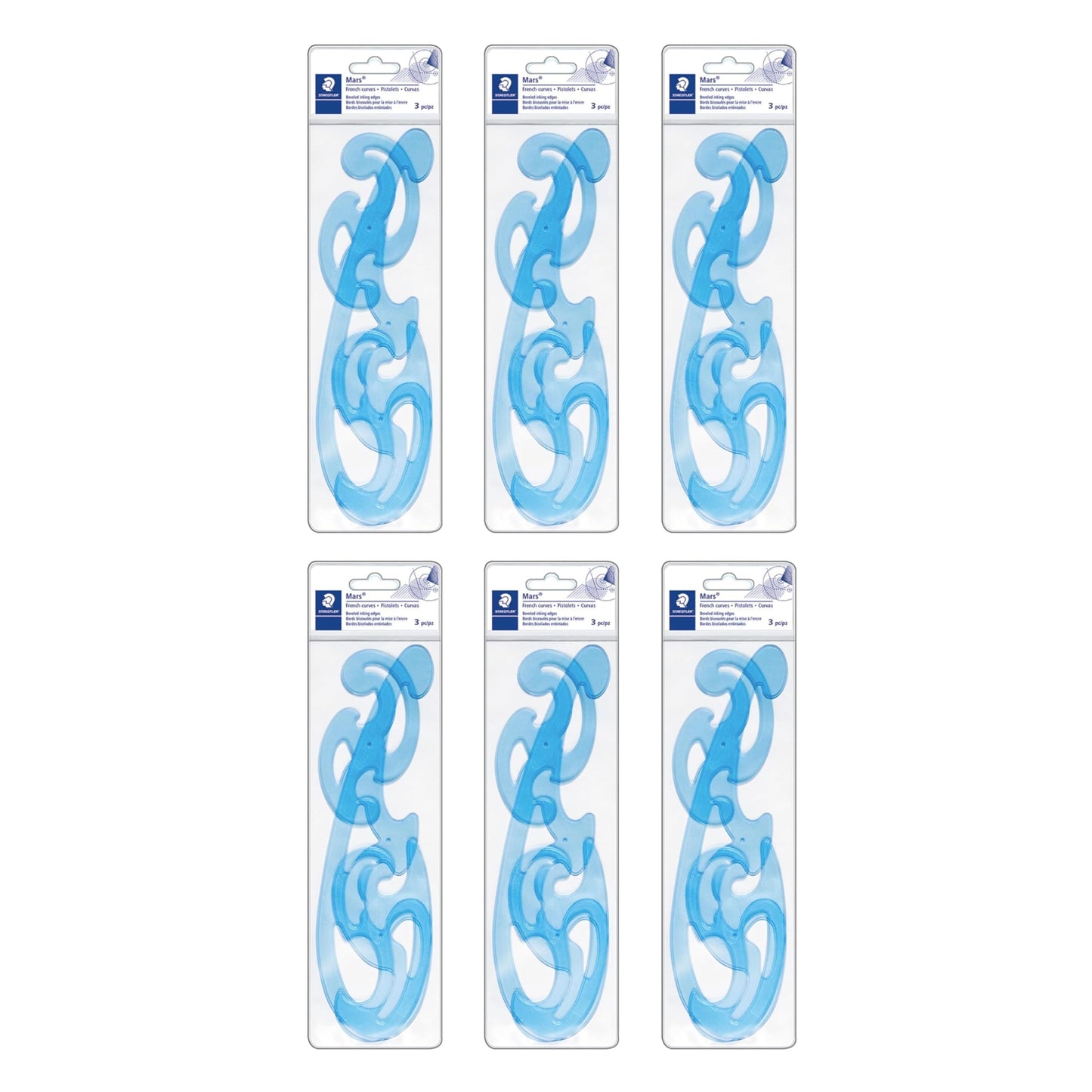 STAEDTLER Mars Professional French Curve Design Ruler Set for Pattern Making 12-Pack (6 Sets of 3 pcs), 3 Essential A B C Shapes, Blue Transparent Plastic with Inking Edge, 18 Count