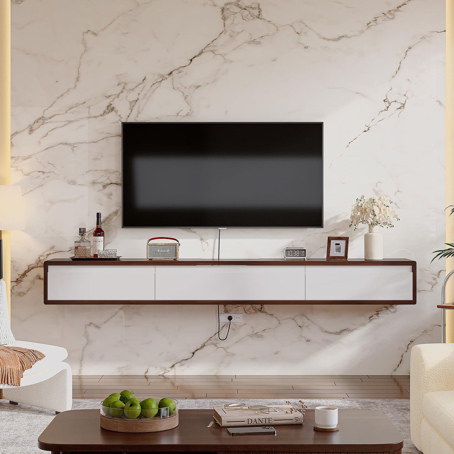 FurniNova Fully Assembled Floating TV Stand, Modern Plywood Media Console with 2 Drawers & 1 Flip Door, Wall Mounted Entertainment Center with High Gloss Finish & Round Edges, 55 inch, Walnut & White
