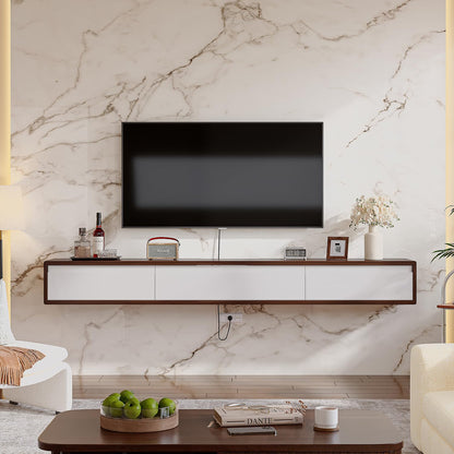 FurniNova Fully Assembled Floating TV Stand, Modern Plywood Media Console with 2 Drawers & 1 Flip Door, Wall Mounted Entertainment Center with High Gloss Finish & Round Edges, 55 inch, Walnut & White