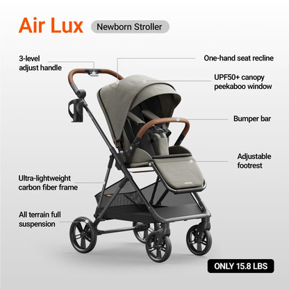 MAMAZING Air Lux Baby Stroller, Carbon Fiber Frame Only 15.8lbs, Compact Fold Toddler Stroller with Reversible Seat with Infant Insert, Included UPF 50+ Canopy, Large Storage Basket & Car Seat Adapter