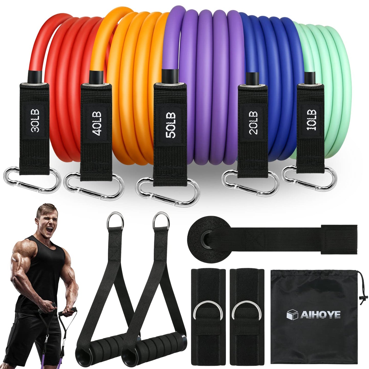 Aihoye Resistance Bands for Working Out, Exercise Bands with Handles, Stretch Bands for Exercise, Workout Bands with Door Anchors for Physical Therapy & Strength Training