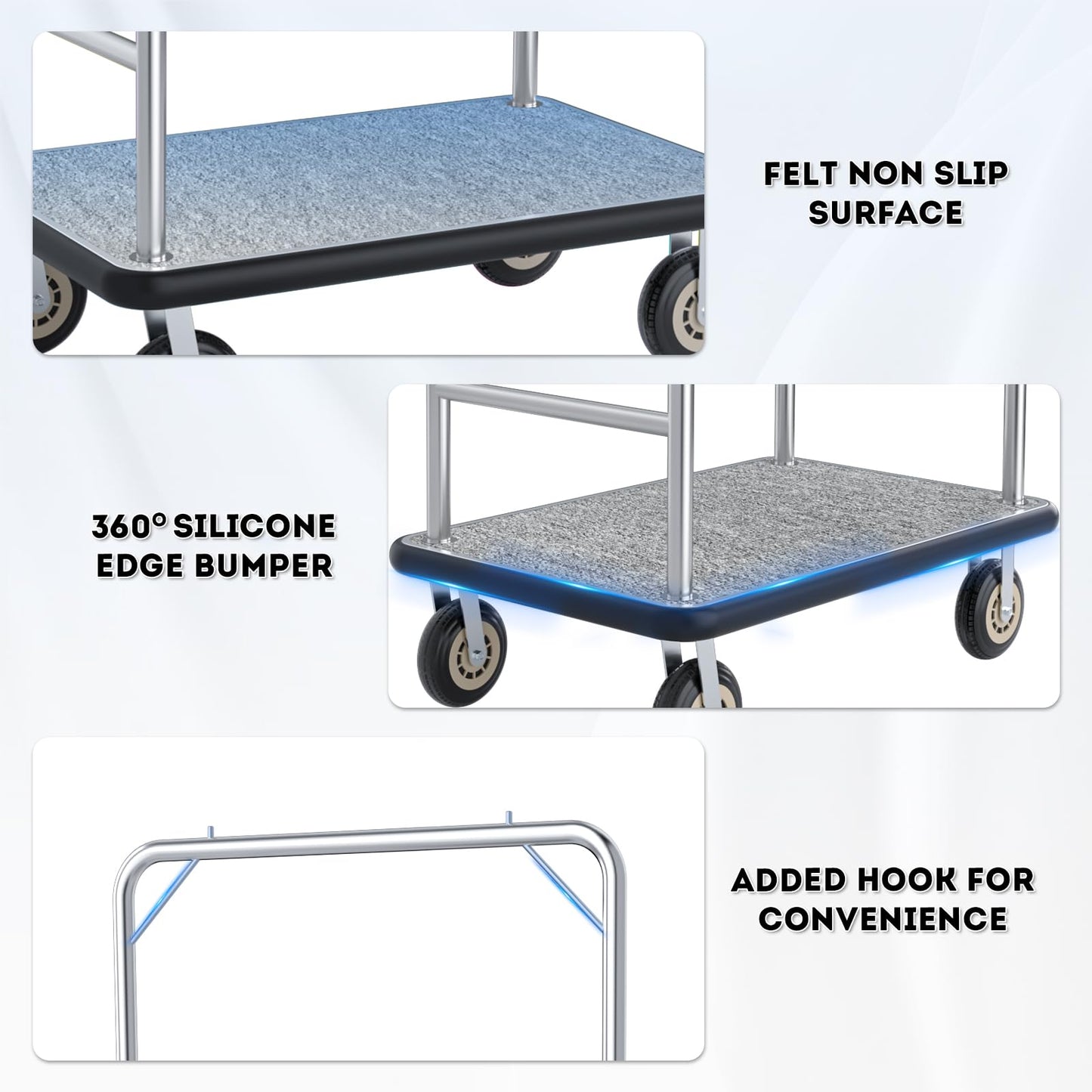 Hotel Luggage Cart, 1300LBS Load Capacity Bellman's Cart with 8" Wheels, Brushed Stainless Steel Commercial Grade Hotel Luggage Trolley with Grey Carpeted Deck for Hotels (42''L x 26''W x 70''H)