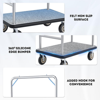 Hotel Luggage Cart, 1300LBS Load Capacity Bellman's Cart with 8" Wheels, Brushed Stainless Steel Commercial Grade Hotel Luggage Trolley with Grey Carpeted Deck for Hotels (42''L x 26''W x 70''H)