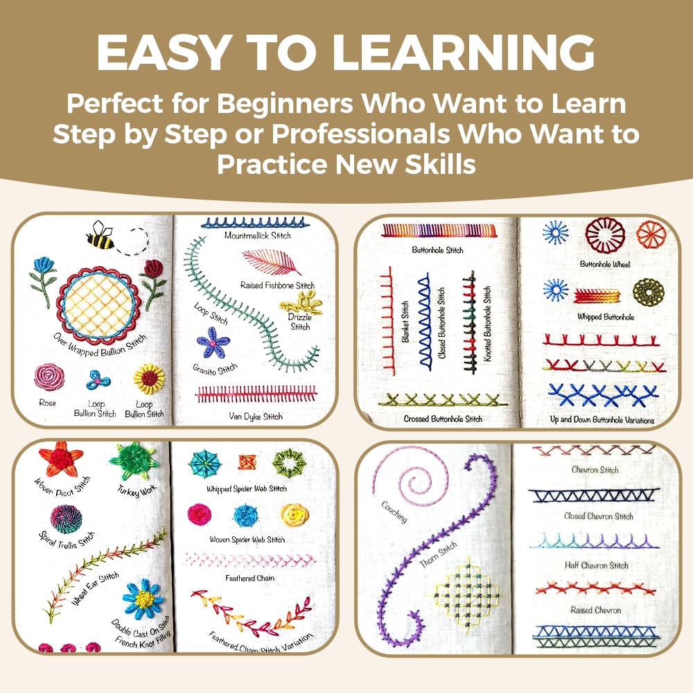 WSJAWH Plus Size Embroidery Stitch Book Kit Sampler for Adults, Embroidery Kit Practice Books for Beginners with Fabric Pages Patterns Needles Tutorials Sewing Tool Kit, Gift for Craft Lovers (1)