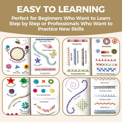 WSJAWH Plus Size Embroidery Stitch Book Kit Sampler for Adults, Embroidery Kit Practice Books for Beginners with Fabric Pages Patterns Needles Tutorials Sewing Tool Kit, Gift for Craft Lovers (1)