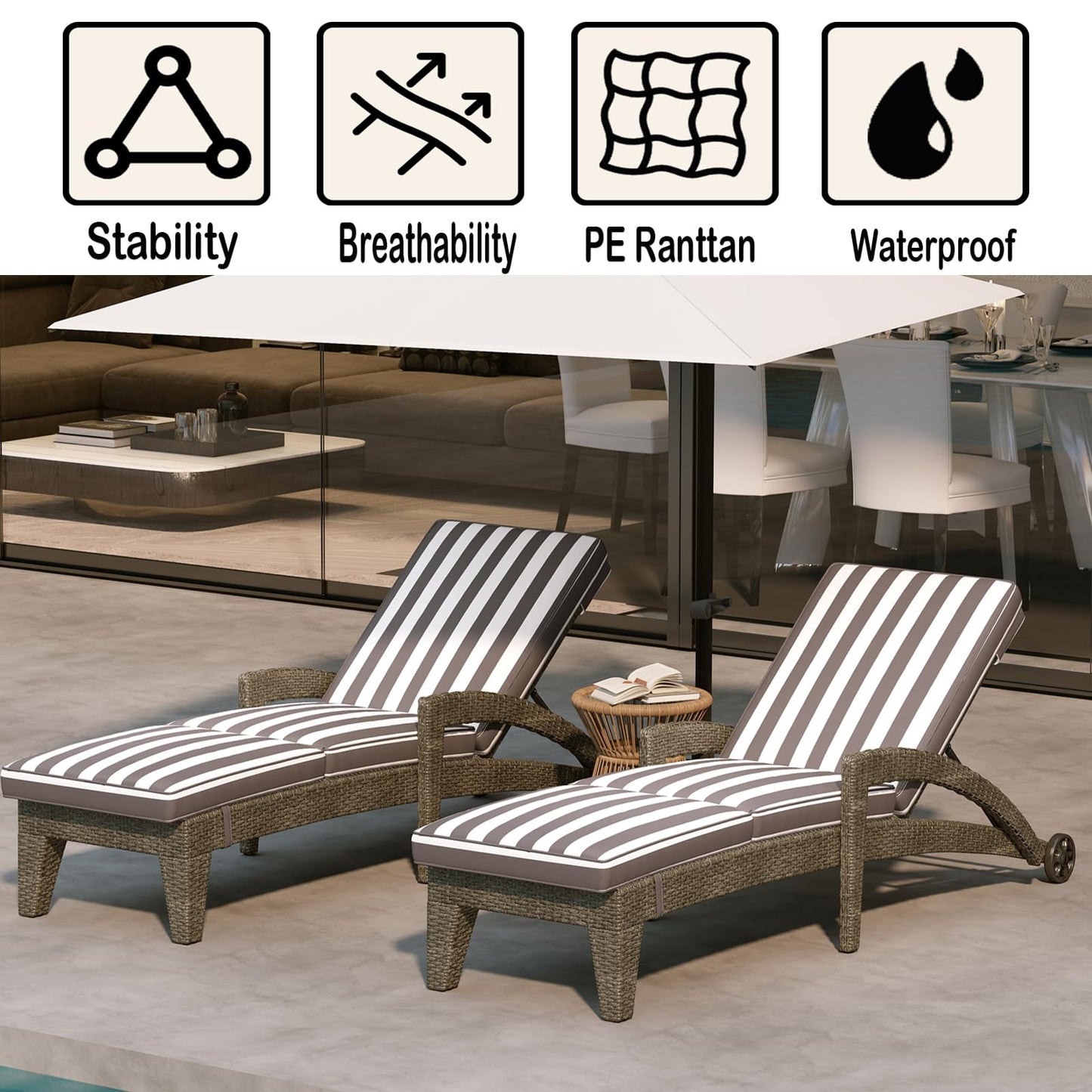 DAYAOUTDOOR Patio Chaise Lounger Set of 2, Outdoor Lounger Patio Chairs, Heavy Duty Lounge Chairs Outdoor, Chaise Lounges for Resort, Backyard, Deck, Poolside, Garden, Grey Stripe
