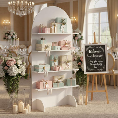 6FT Wooden Wedding Gift Display Arch, Original Design 4-Tier Party Favor, Cupcake & Drink Shelf Backdrop, Champagne Wall for Reception, Ceremony, Baby Shower & Birthday Parties, Easy Assembly