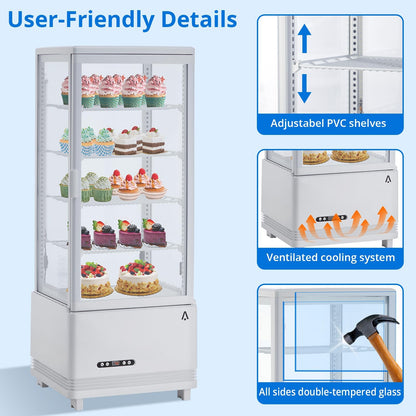 IDEALHOUSE Countertop Refrigerator, 3.4 Cu.Ft. Pastry Display Case for Bakery with LED, Frost-Free, Sliding Door, Commercial Fridge Display Case for Cafe and Restaurant, 4-Tier Design, White