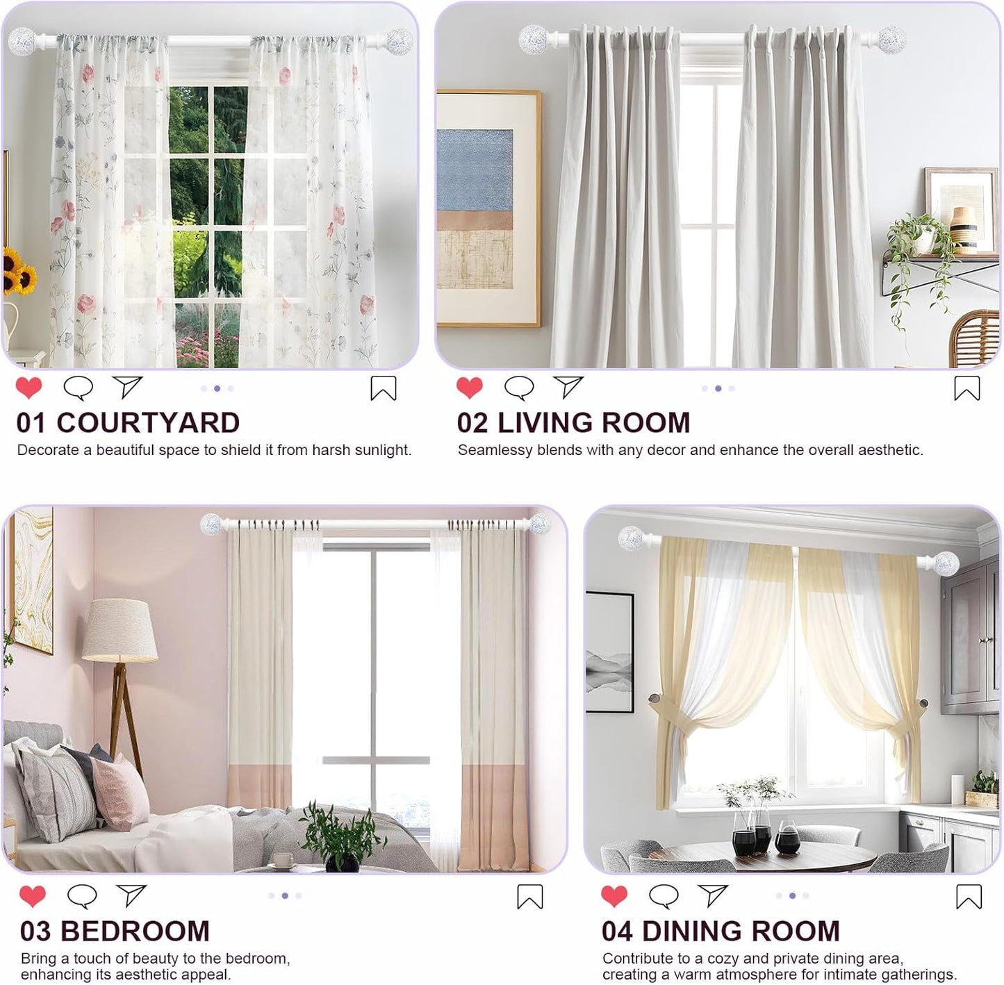 White Curtain Rods for Windows 72 to 144 Inch, 1 Inch Adjustable Heavy Duty Long Curtain Rod