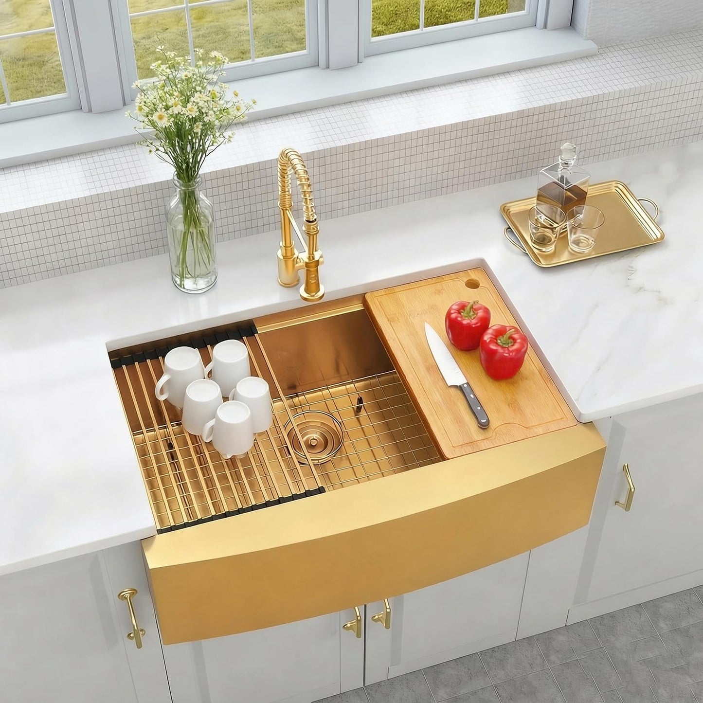 MONSINTA Gold Farmhouse Kitchen Sink, 16 Gauge SUS304 Stainless Steel Farm Sinks, All In One Workstation Sink with Ledge & Accessories, 33" x 20" x 10" Large and Deep Gold Undermount Kitchen Sink