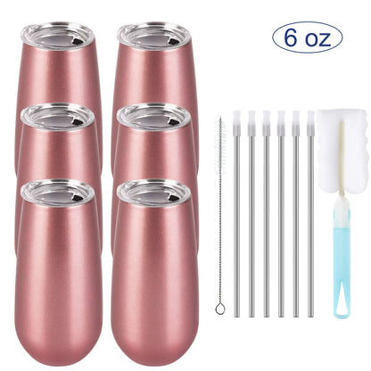 Lifecapido 6 Pack Stemless Double Insulated Champagne Flute Tumbler with Lid, 6 Oz Unbreakable Reusable Cocktail Champagne Toasting Glasses, Good Gift for Friends Family Christmas Birthday, Rose Gold