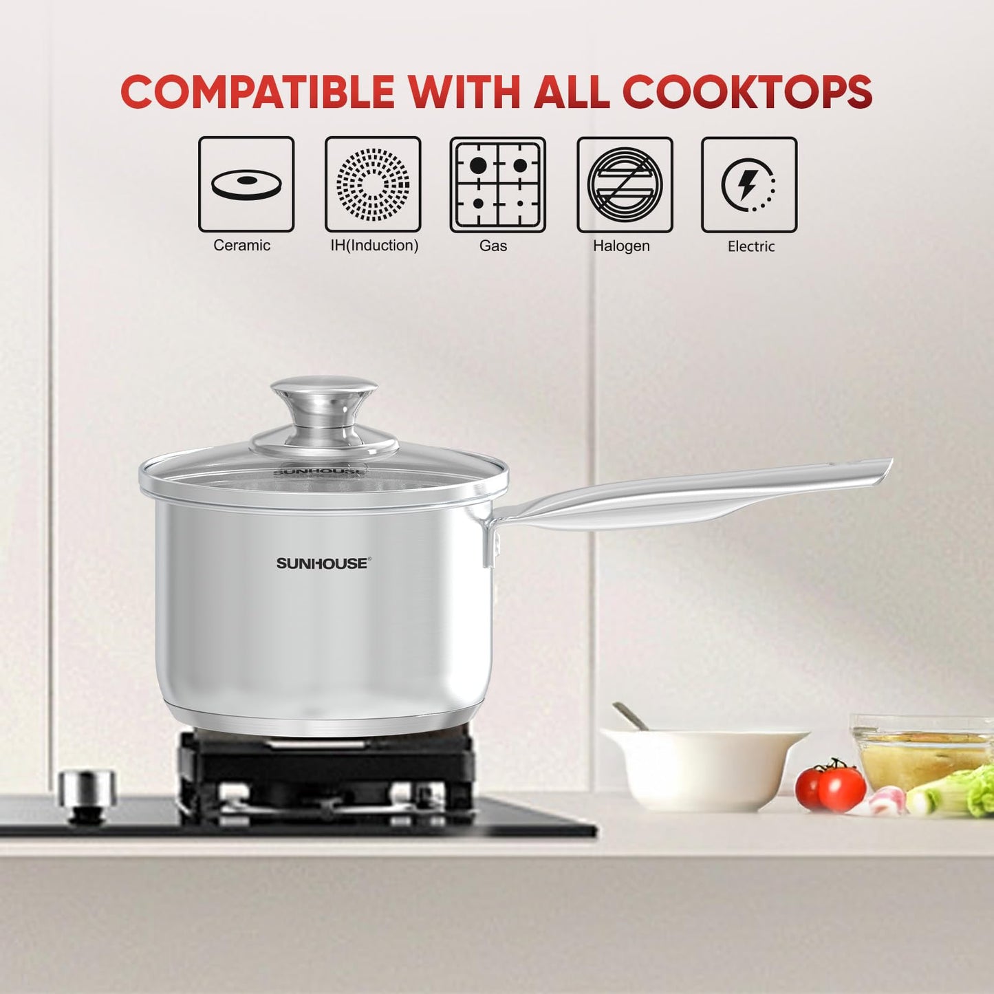 SUNHOUSE – 1.5 Quart Stainless Steel Sauce Pan with Lid - PFOA-FREE, Stainless Steel Sauce Pan, Induction base, Stay-Cool Handle, Compatible with All Cooktops Gas, Geramic, Electric etc.