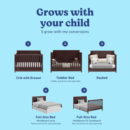 Graco Hadley 5-in-1 Convertible Crib with Drawer – GREENGUARD Gold Certified, Fits Standard Crib Mattress, Converts to Toddler Bed, Daybed and Full Bed, 4 Adjustable Mattress Heights (Espresso)