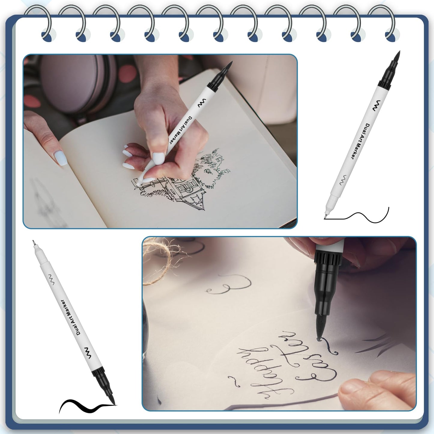 Affrolling 50 Pcs Black Drawing Pens Bulk Dual Brush Fineliners Pens Felt Tip Markers for Art Drawing Sketching