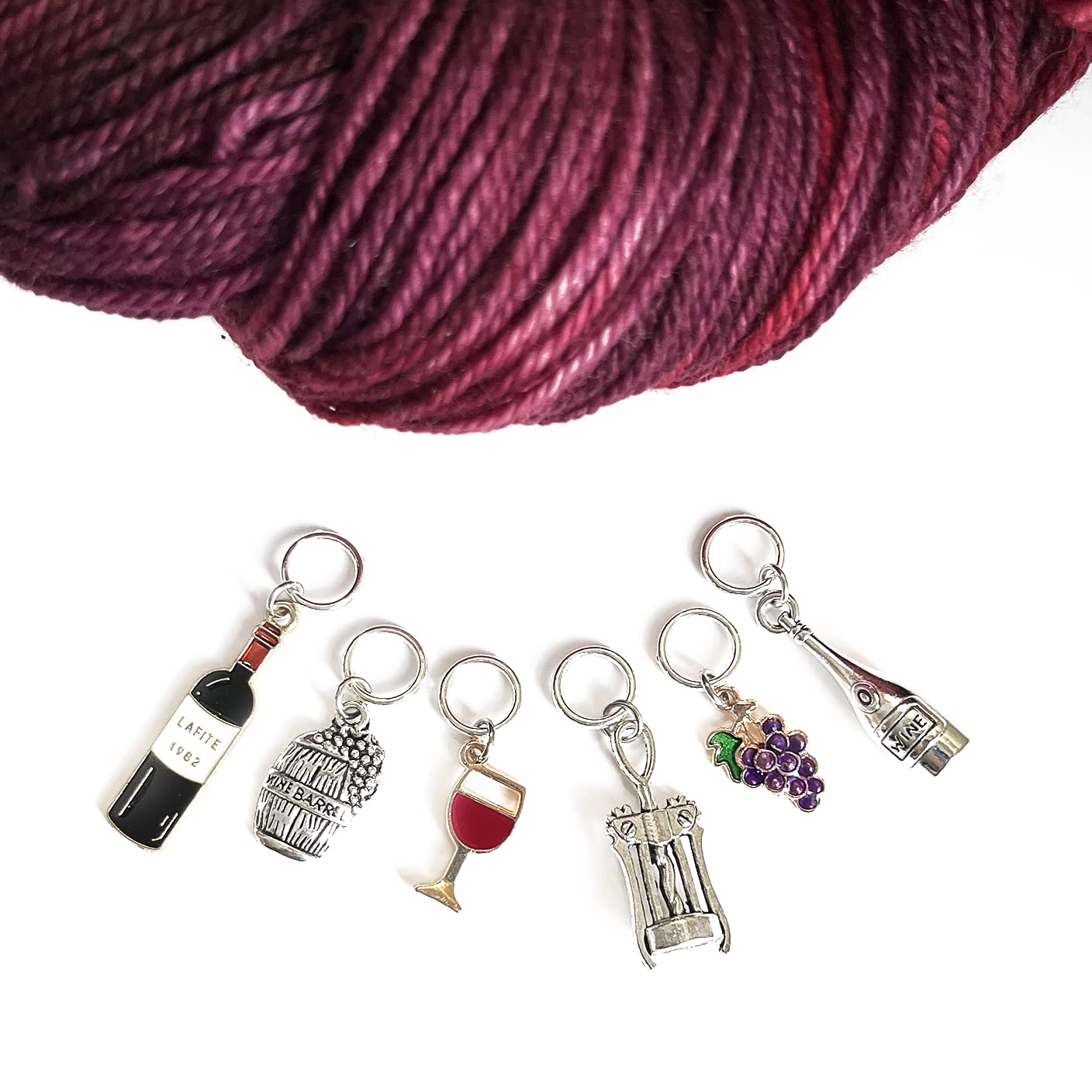 Pretty Warm Designs Wine Lover Stitch Markers with Metal Case, Set of 6 Knitting Notions and Enamel Metal Yarn Markers for Fiber Arts