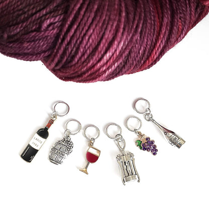Pretty Warm Designs Wine Lover Stitch Markers with Metal Case, Set of 6 Knitting Notions and Enamel Metal Yarn Markers for Fiber Arts