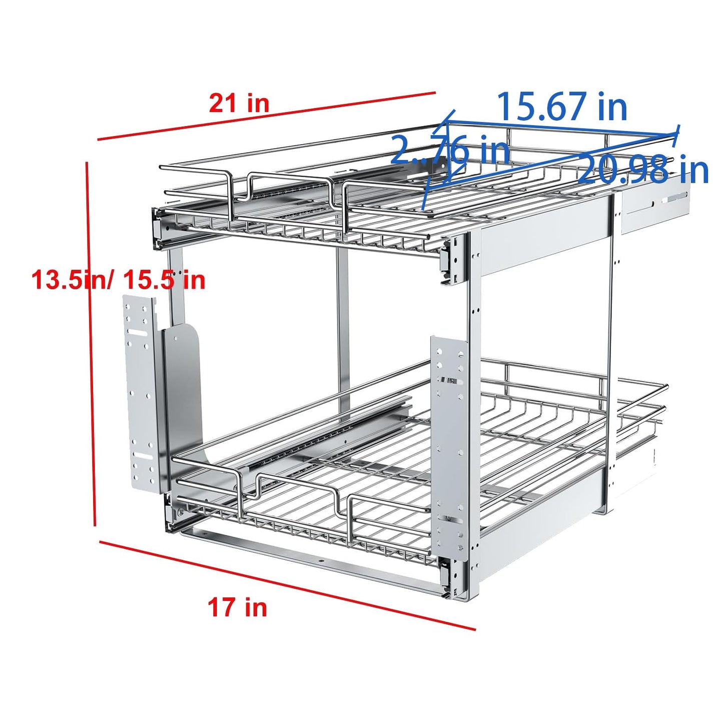 2 Tier Pull Out Cabinet Organizer, 17" W x 21" D Heavy-Duty Metal Sliding Drawer Shelf for Kitchen Cabinets, Chrome, Doesn't Include Door Fittings