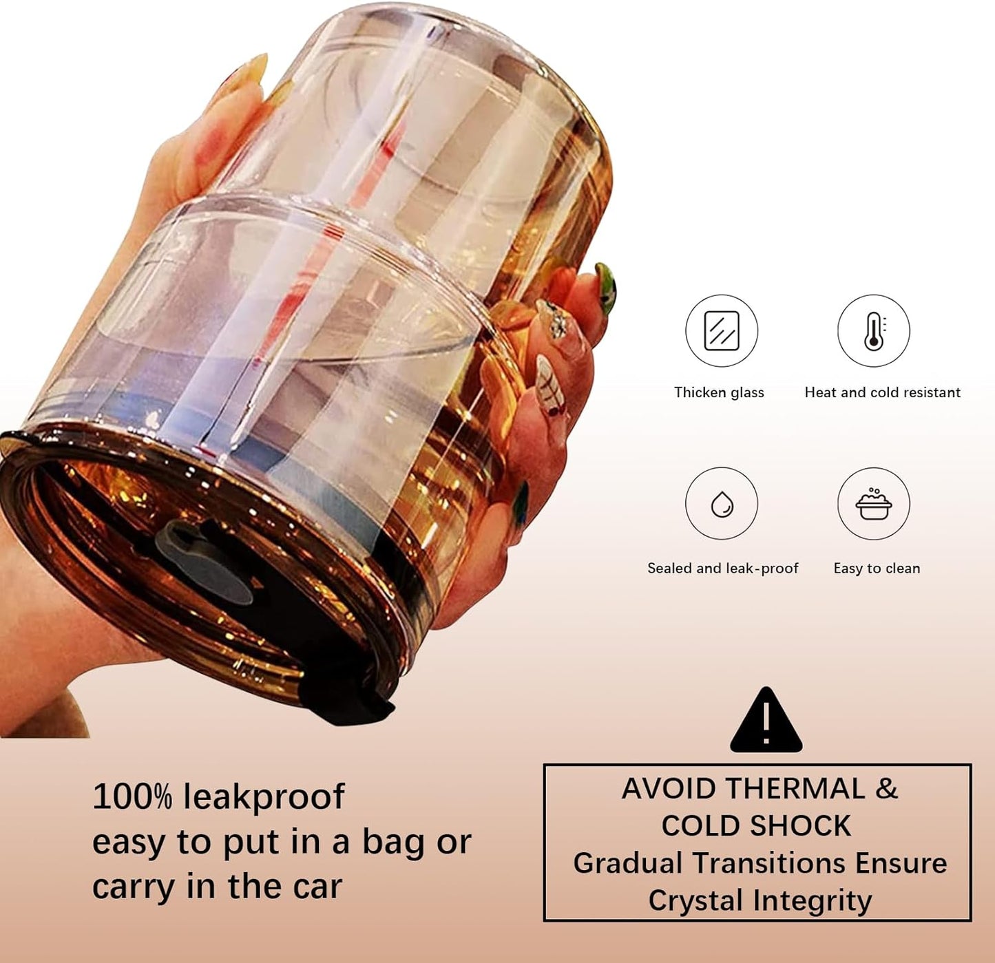 13oz/400ml (Amber-2PACK) BLUEPOLAR Glass Water Tumbler with Straw and Lid Sealed Carry On Thick Wall Iced Coffee Cup