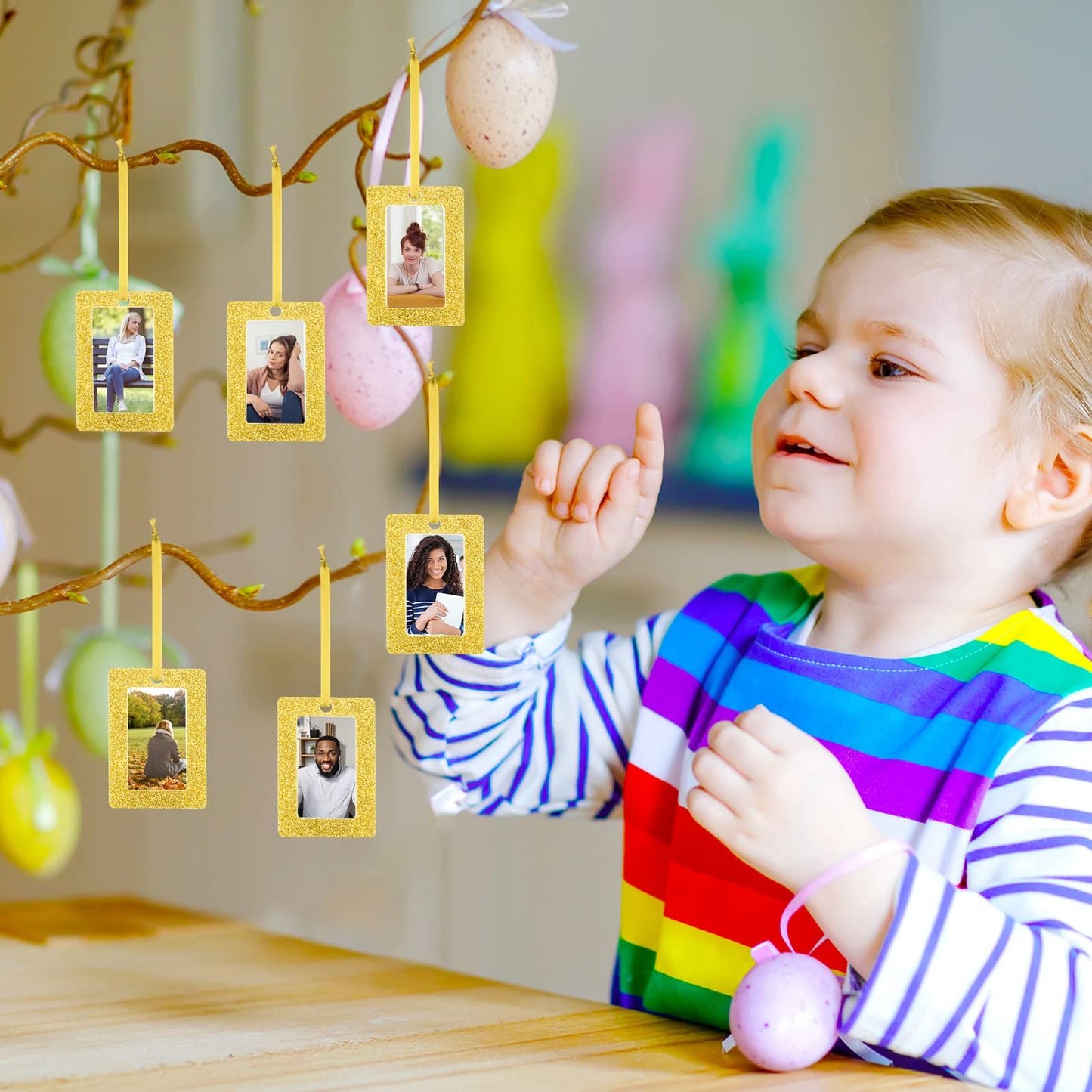 Queekay 48 Pieces Christmas Photo Ornament Frames 2 x 3 Inch Hanging Picture Xmas Gifts Glitter Mini Frames with Ribbon DIY Crafts Hanging on Christmas Trees Easter Wedding Decorations(Gold)