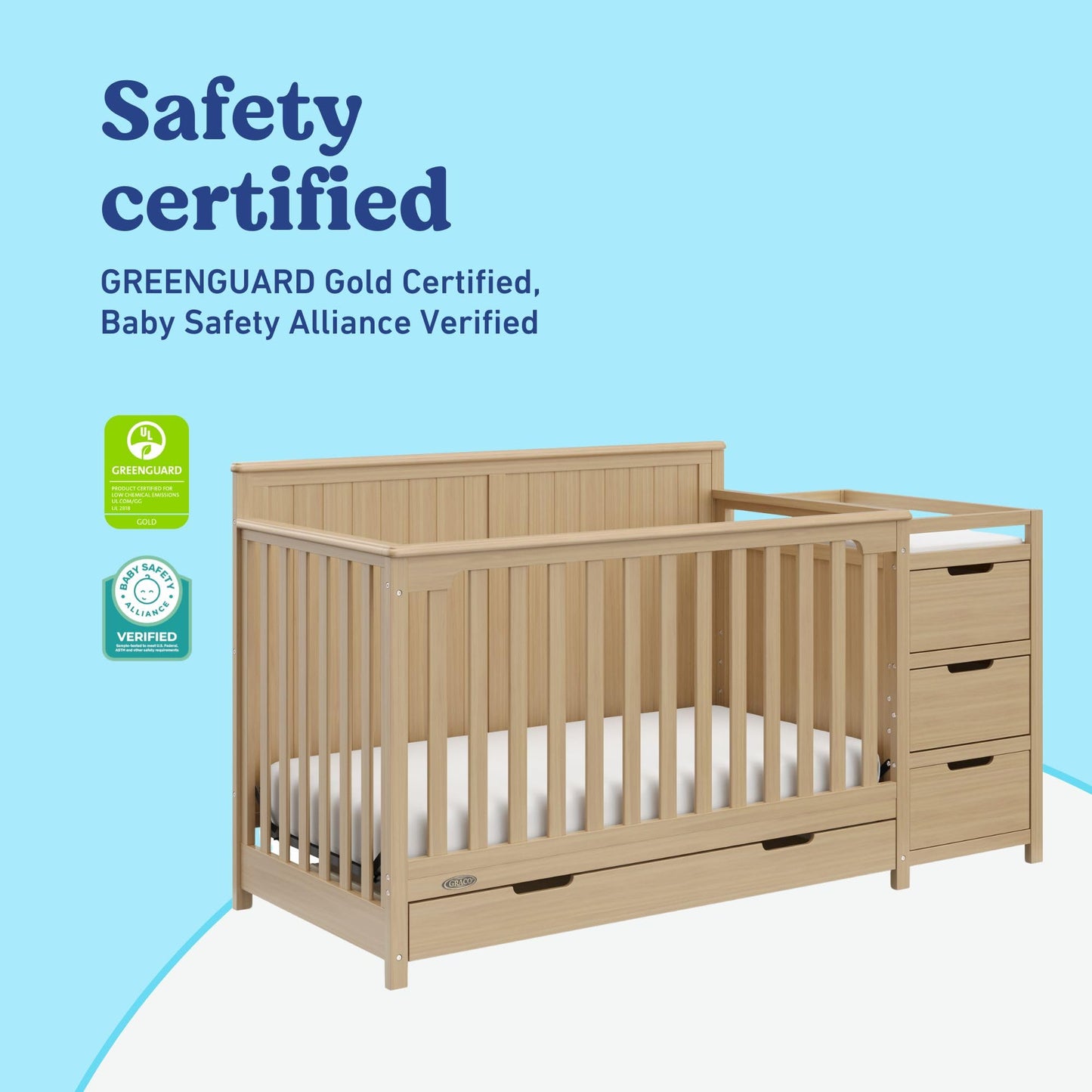Graco Hadley 5-in-1 Convertible Crib & Changer – GREENGUARD Gold Certified, Fits Standard Crib Mattress, Converts to Toddler Bed and Full Bed, 4 Adjustable Mattress Heights (Driftwood)