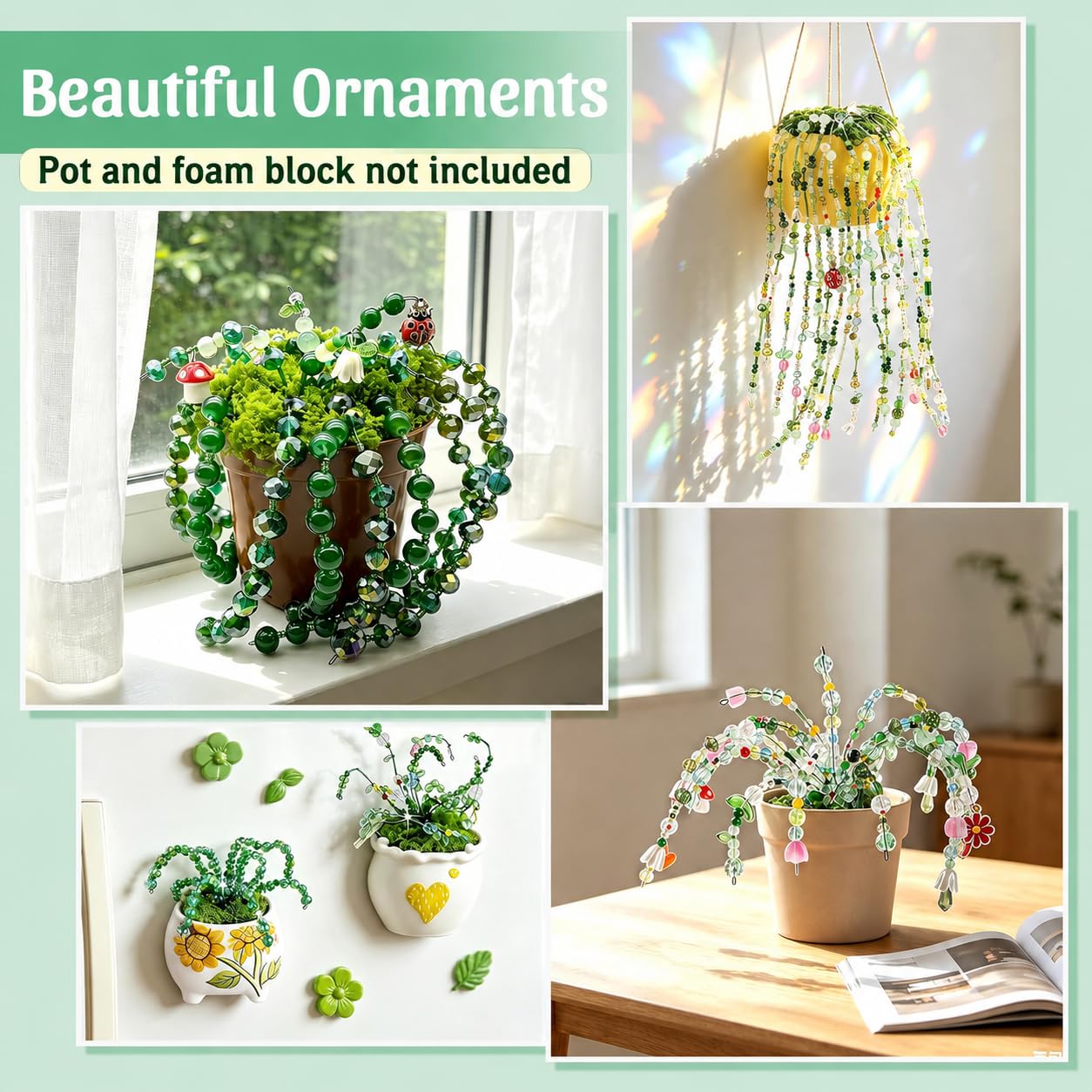 5422PCS Forever Plant Bead Kit, Green Glass Beads for Beaded Plants & Succulent DIY Crafts, Sun Catcher Home Decor Kit with Leaf Flower Beads, Moss, Floral Wire,Bead Stop Clamp (no pot & foam block)