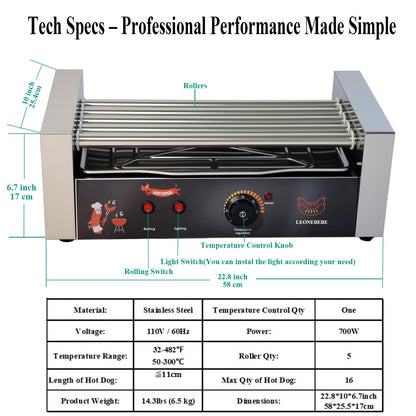 LEONEBEBE 16 Capacity Commercial Hot Dog Roller Machine with 5 Stainless Steel Rollers – 750W for Concession Stands, Food Trucks, Party Catering