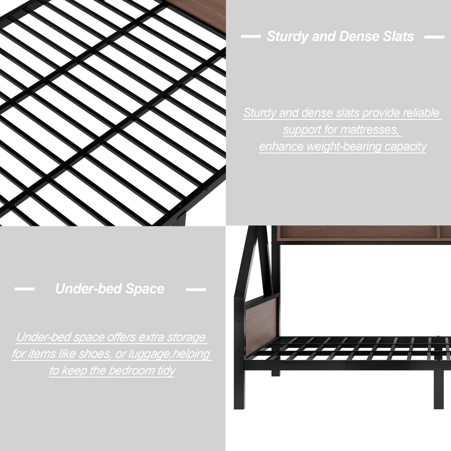 Bellemave Twin XL Over Queen Size Bunk Bed with Storage Shelves and LED Lights,Heavy Duty Adult Bunk Beds with Angled Ladder,Metal Queen Bunk Bed,Black