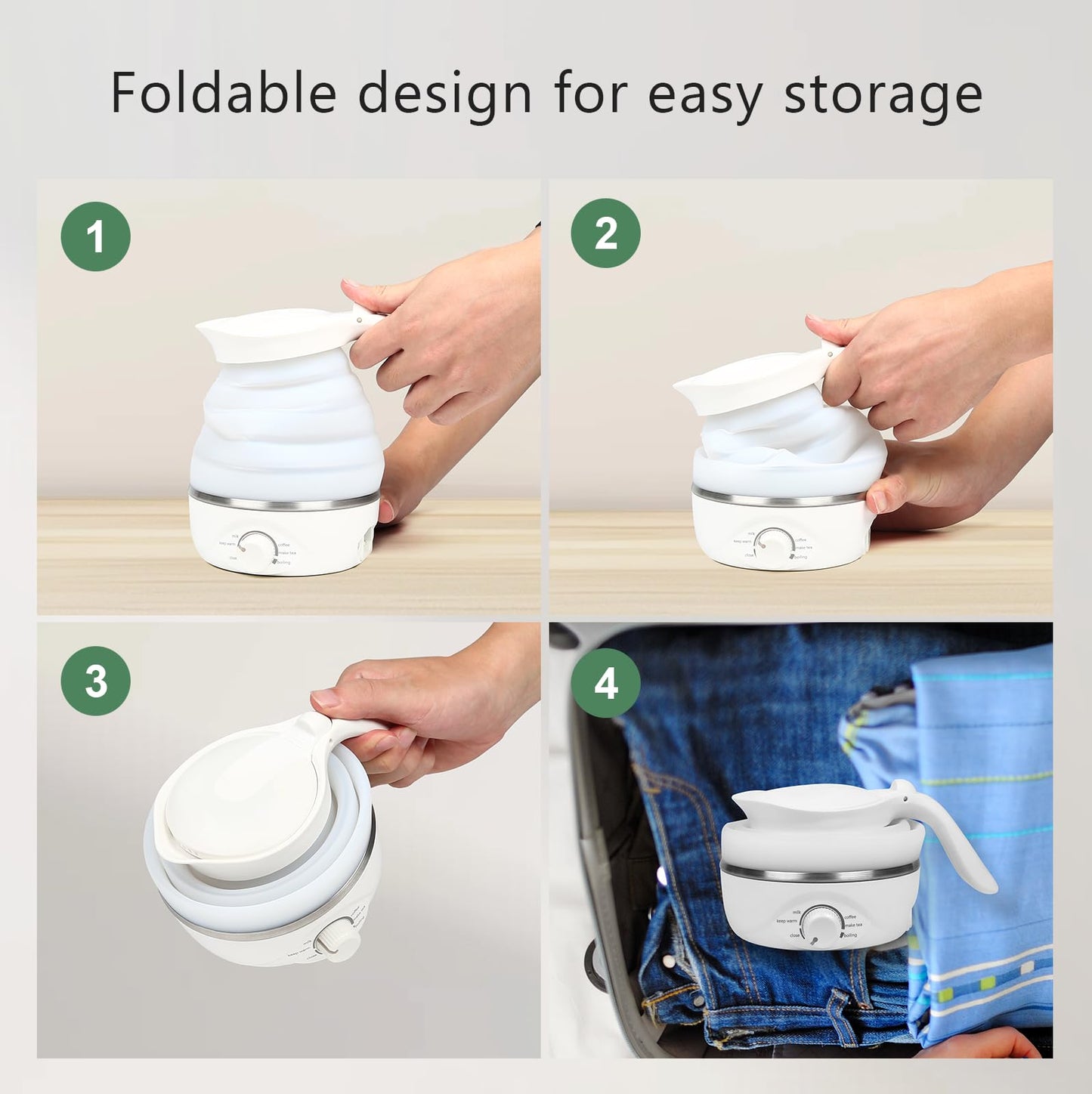 Xfbaozxy Travel Foldable Electric Kettle, Collapsible Kettle Travel Electric Collapsible Electric Tea Kettle Food Grade Silicone 850W Fast Boiling Water, 110V 700ml (White)