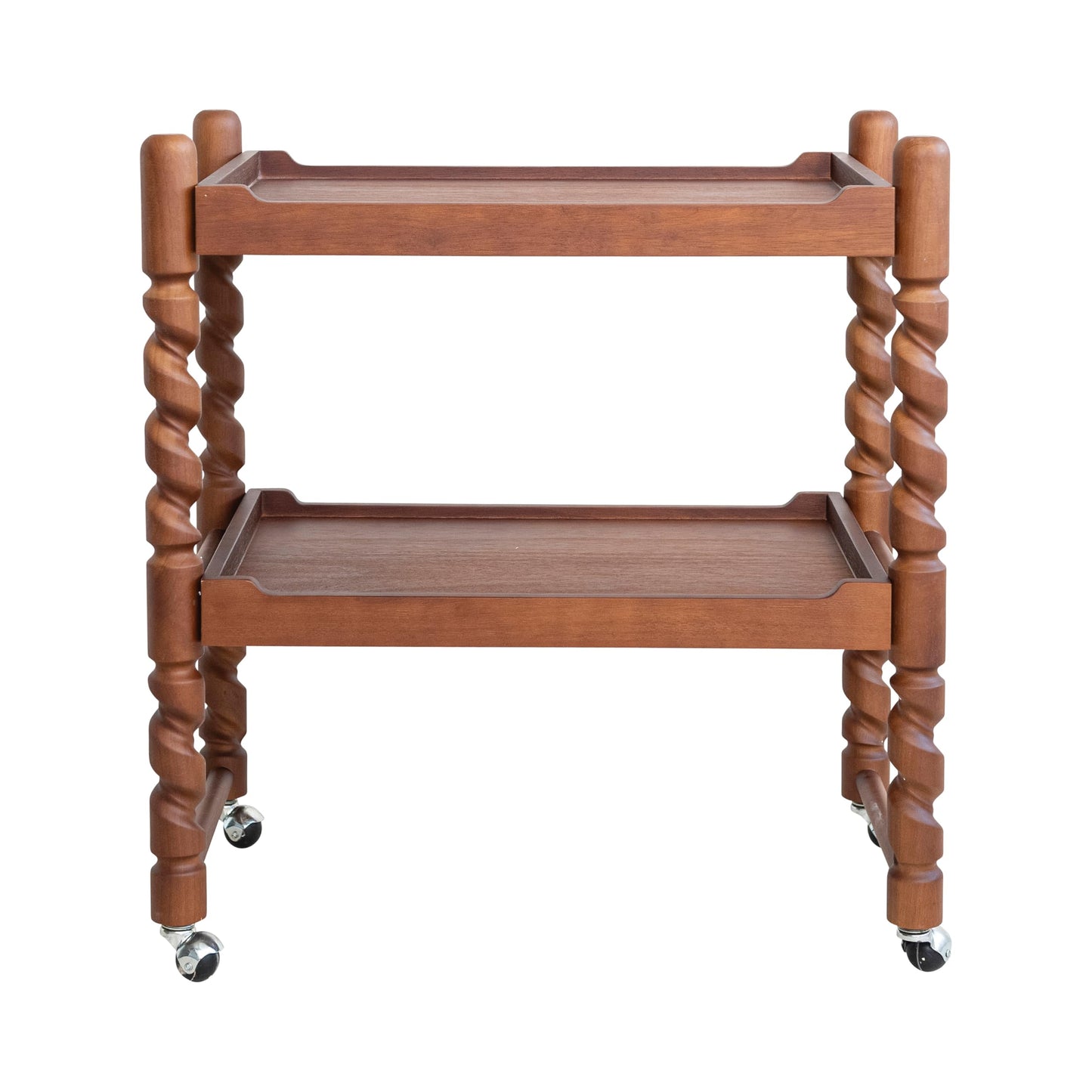 Creative Co-Op Brushed Rubberwood 2-Tier Bar Cart with Turned Legs on Casters, Walnut Finish