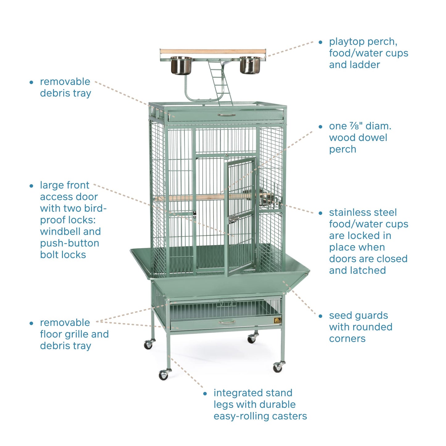 Prevue Pet Products Wrought Iron Select Bird Cage - Large Steel Cage with Rolling Stand, Seed Guards, and Playtop, Durable Design, Ideal for Conures and Medium Birds - Sage Green
