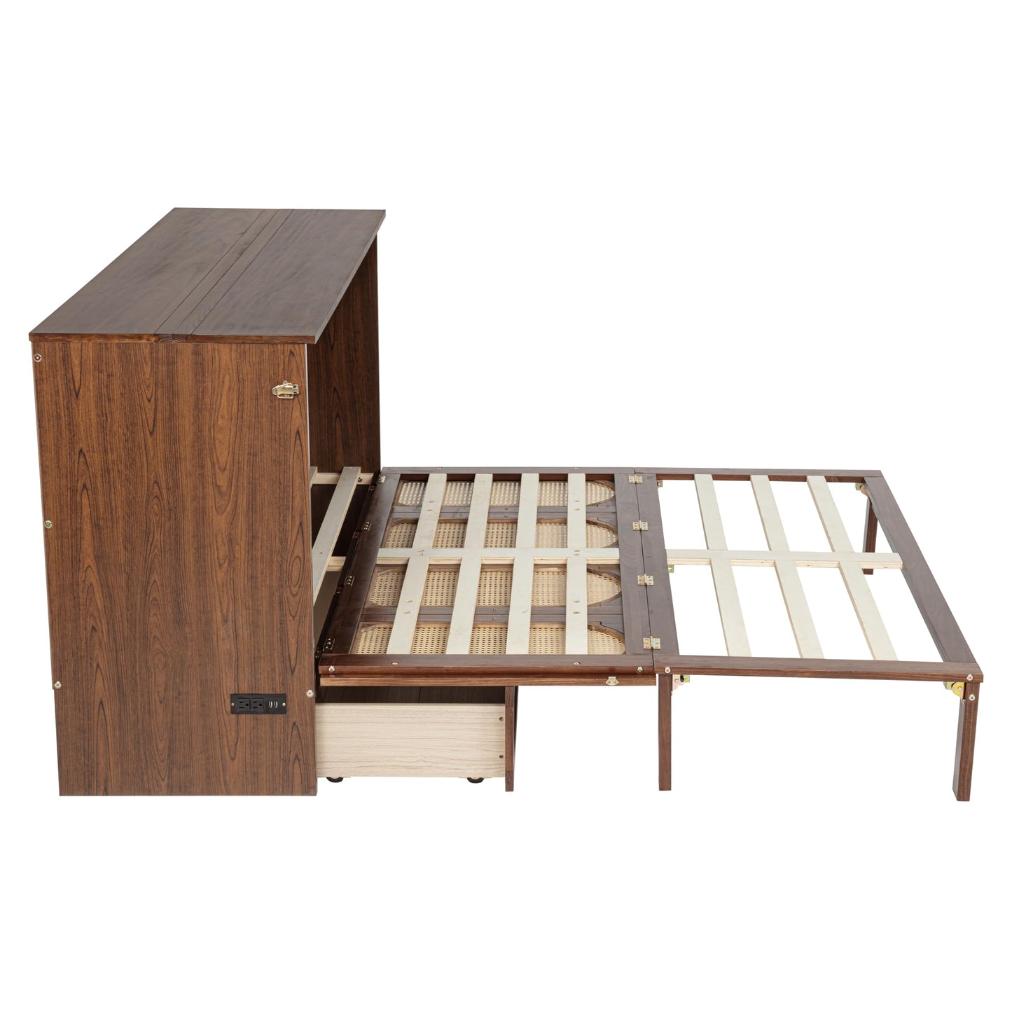 GDFStudio Queen Size Murphy Bed Cabinet with Rattan Panel, Built-in Power Station, Pine Wood Cabinet Bed with Storage Drawer, Foldable Queen Beds for Guest Rooms, Small Spaces, Living Rooms, Walnut