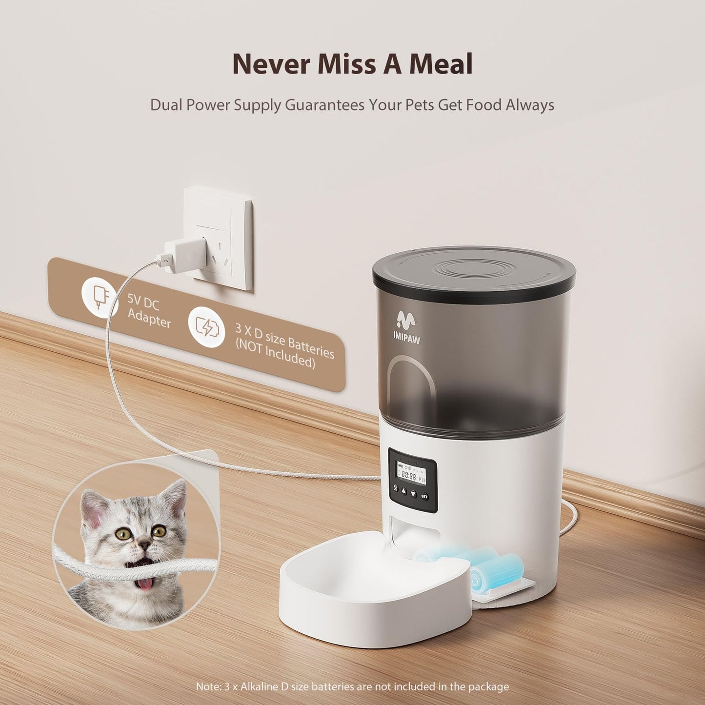 IMIPAW Automatic Cat Feeders, 3L Timed Cat Dry Food Dispenser, Dual Power Supply, Programmable Portion Size, Auto Pet Feeder for Cats and Small Dogs