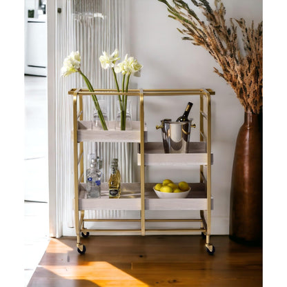 Gold & White Washed Finish Rectangular Serving Cart - 3 Open Compartments for Kitchen and Dining Room Storage