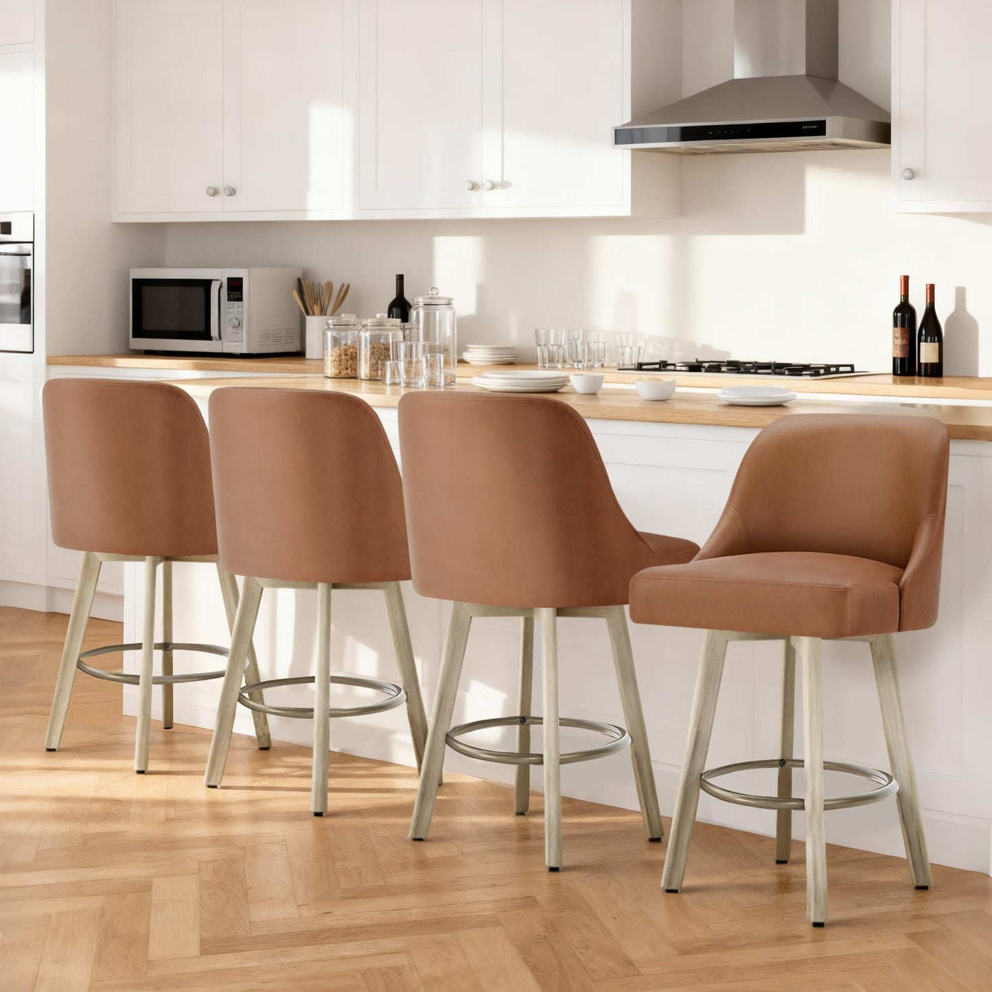 Counter Height Bar Stools Set of 2, Modern Swivel Barstools with Back and Wood Legs, Faux Leather Upholstered Bar Chairs, 26" Seat Height Counter Stools for Kitchen Island,Brown