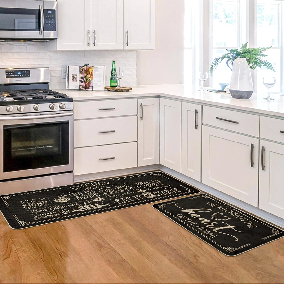 Artoid Mode Black Cooking Sets Kitchen Mats Set of 2, Seasonal The Kitchen is The Heart of The Home Holiday Party Low-Profile Floor Mat for Home Kitchen - 17x29 and 17x47 Inch