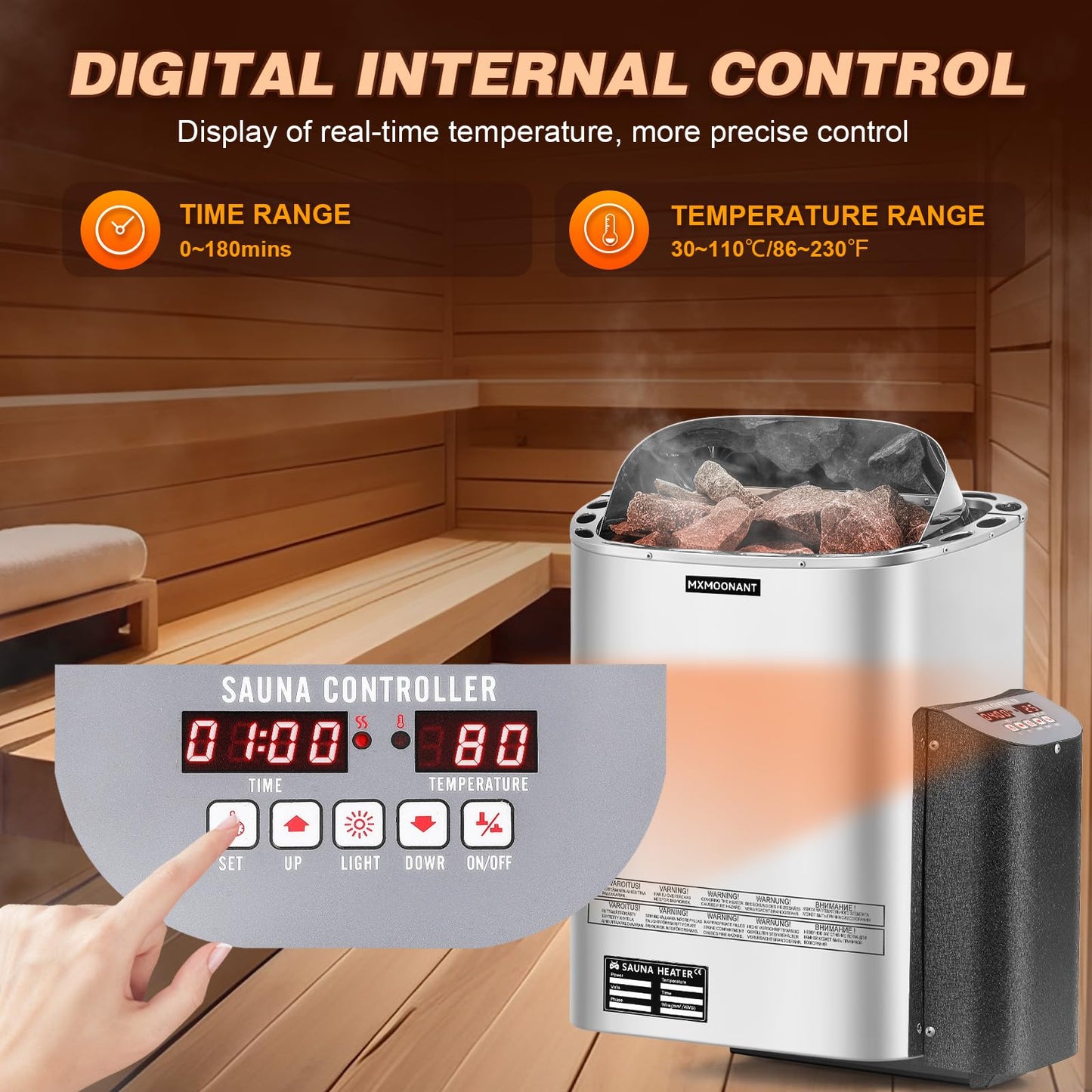 Mxmoonant Sauna Heater, 6KW 220V Electric Sauna Heaters Digital Control Sauna Stove Dry Steam Sauna Bath for Home Hotel Spa Max. 300 Cu.ft with Sauna Hygrothermograph