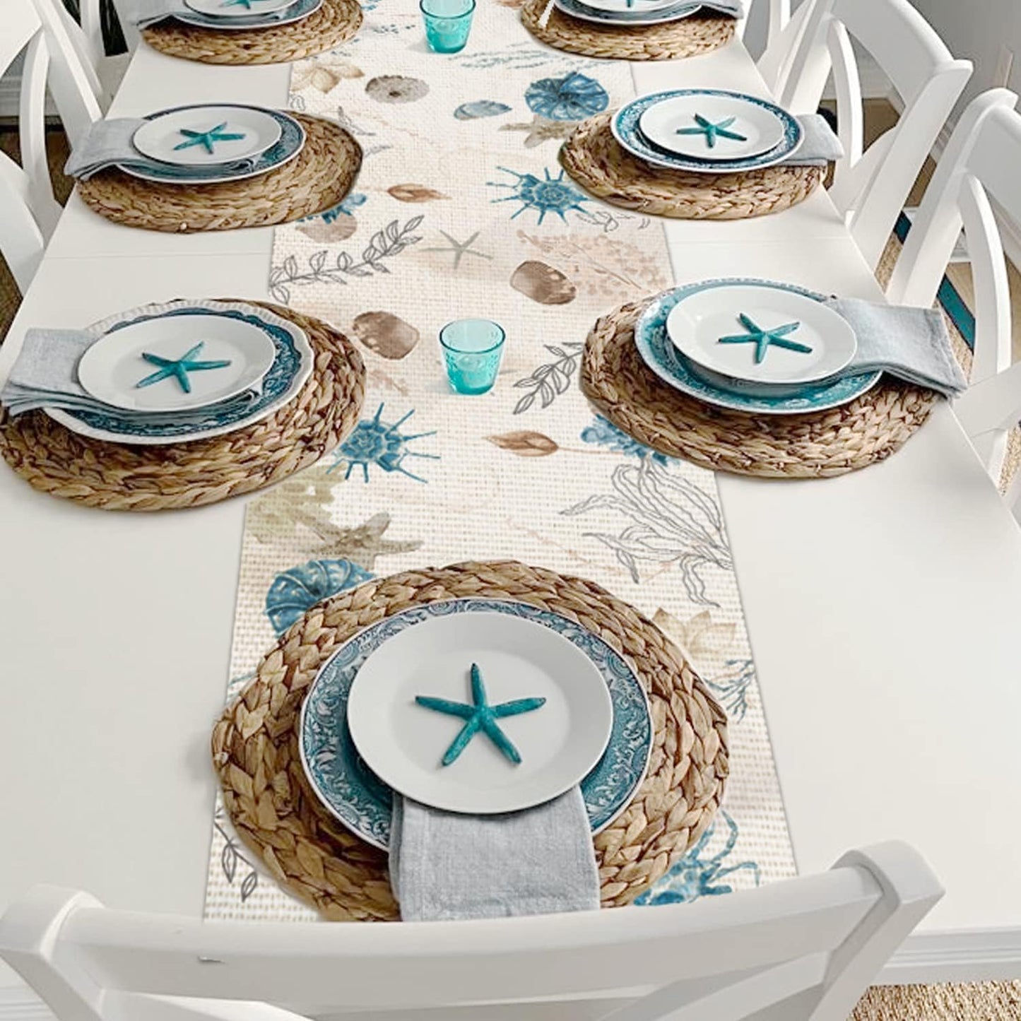 13x90 Inch PROCIDA Blue Beach Table Runner Tropical Ocean Coastal Table Runners Seashell Burlap Seasonal Nautical