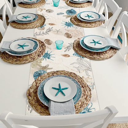 13x108 Inch PROCIDA Blue Beach Table Runner Tropical Ocean Coastal Table Runners Seashell Burlap Seasonal Nautical
