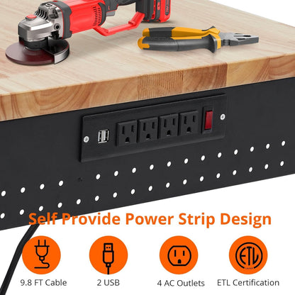Adjustable Height Garage Workbench 72" X 25" - Heavy Duty 2000 lbs Capacity, Rubber Wood Top, Rolling Workstation with Drawer Storage, Power Outlets & Lockable Wheels - Perfect for Workshop