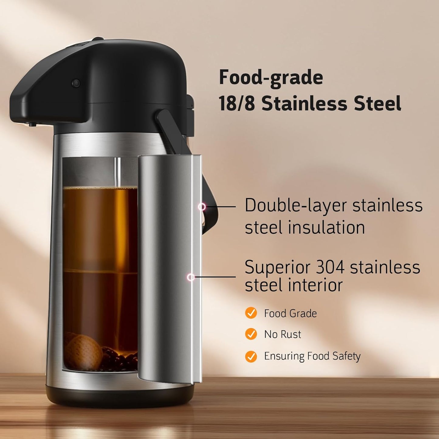 Airpot Coffee Carafe, 85 OZ / 2.5L Large Insulated Stainless Steel Thermos Urn