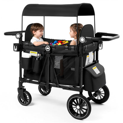 Kinder King Wagon Stroller for 2 Kids, All-Terrain Foldable Outdoor Stroller Wagon 2 Seater, Removable Canopy, Adjustable Handle, Shock-Absorbing Wheel, Detachable Tray, Large Storage, Black