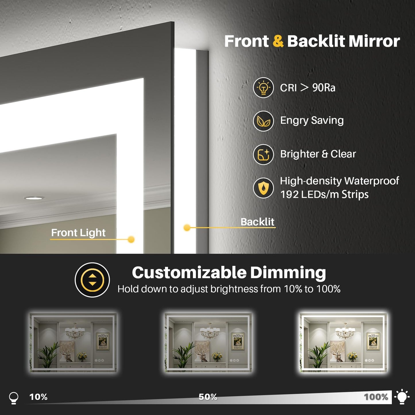 Briivue 60x40 Inch LED Bathroom Mirror with Lights, Backlit & Front Lit, Anti-Fog Lighted Bathroom Vanity Mirror for Wall, Memory Function, Dimmable, HD Tempered Glass, Shatter-Proof