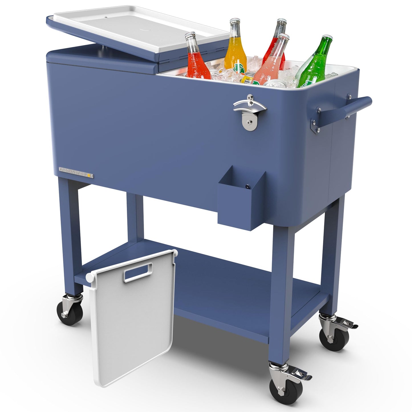 Permasteel Party Cooler with Divider, Removable Basin, Spacious 80-Qt Capacity, Chills 36hrs, Serving Tray, Rolling Ice Chest for Indoor & Outdoor, Matte Blue