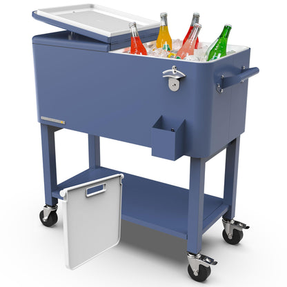 Permasteel Party Cooler with Divider, Removable Basin, Spacious 80-Qt Capacity, Chills 36hrs, Serving Tray, Rolling Ice Chest for Indoor & Outdoor, Matte Blue