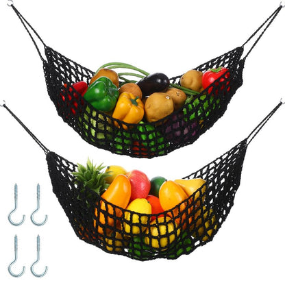 Xuhal 2 Pcs 11.8 x 20 Inch Large Macrame Fruit Hammock Under Cabinet Veggie Banana Hammock Hanging Fruit Basket Saves Counter Space for Kitchen Hand-woven Lace Hanging Basket (Black Style)