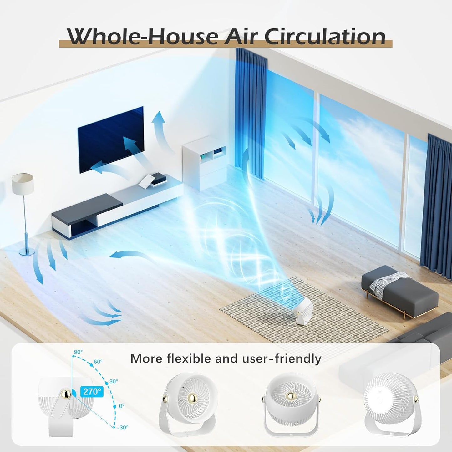 CIVPOWER Desk Fan, Rechargeable Air Circulator with 6000mAh Battery, 4 Speeds, 270° Adjustable Quiet Fan for