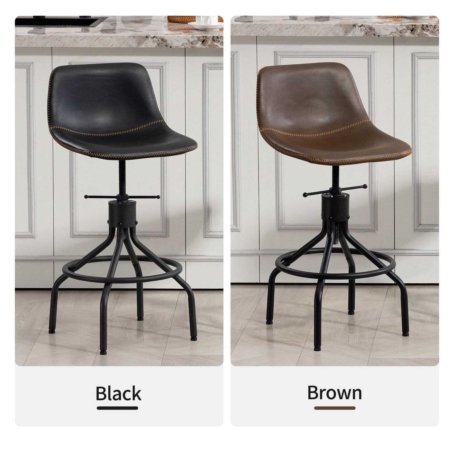 CHIDOCHILO Bar Stools Set of 3, Adjustable Armless Kitchen Island Barstools with Back 26 Inch Swivel Faux Leather Industrial Counter Height Bar Chairs for Dining Room Home Bar D087-Brown-3