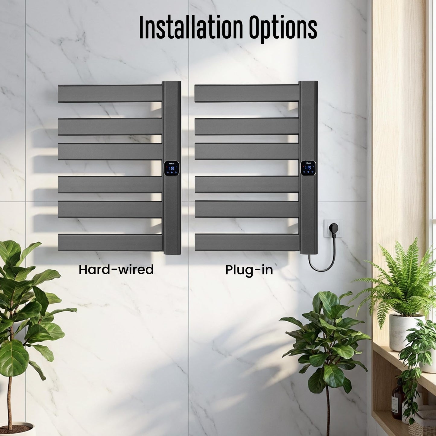 HSTRUKT Towel Warmer, Heated Towel Rack with Built-in Timer and Temperature Control,Hard-Wired(Right-Wiring)/Plug-in Wall-Mounted Towel Rail, Aluminum，18.8" W X 25.6" H, Black