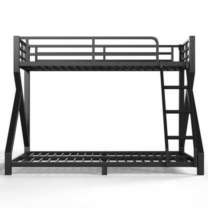 Bellemave Twin XL Over Queen Metal Bunk Bed,Low Profile Floor Bunk Bed Frame with Angled Ladder, Heavy Duty & Noise-Free Design for Kids, Teens & Adults, Black